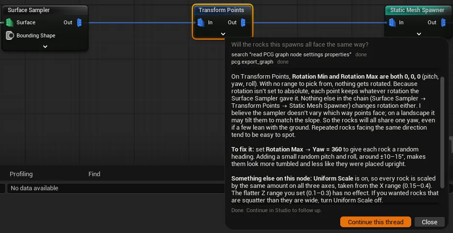 The Ask Studio prompt over a Transform Points node in a PCG graph, with a reply about the rotation range of the points it outputs, and the Continue this thread and Close buttons
