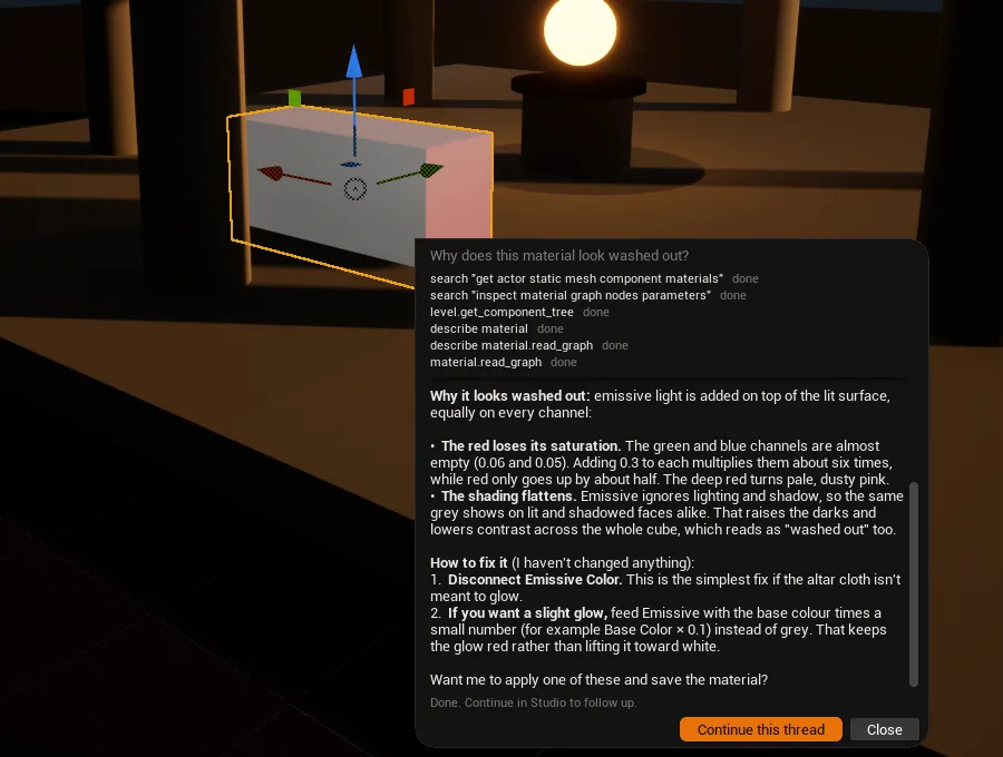 The Ask Studio prompt over a selected actor in the level viewport, with a reply explaining why its material looks washed out, and the Continue this thread and Close buttons