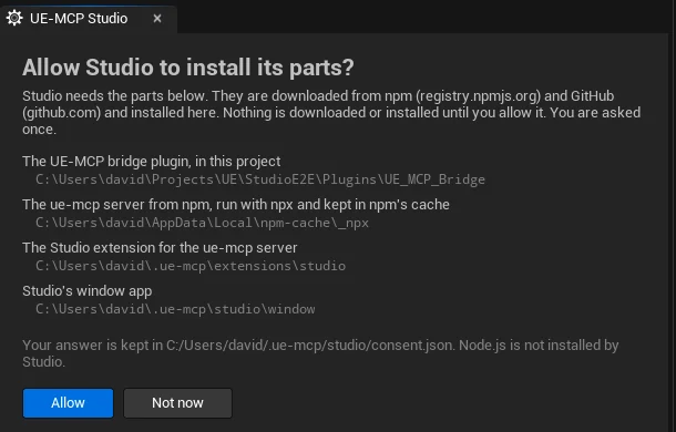 The UE-MCP Studio tab asking Allow Studio to install its parts, listing the bridge plugin, the ue-mcp server, the Studio extension and the window app with their folders, and the Allow and Not now buttons