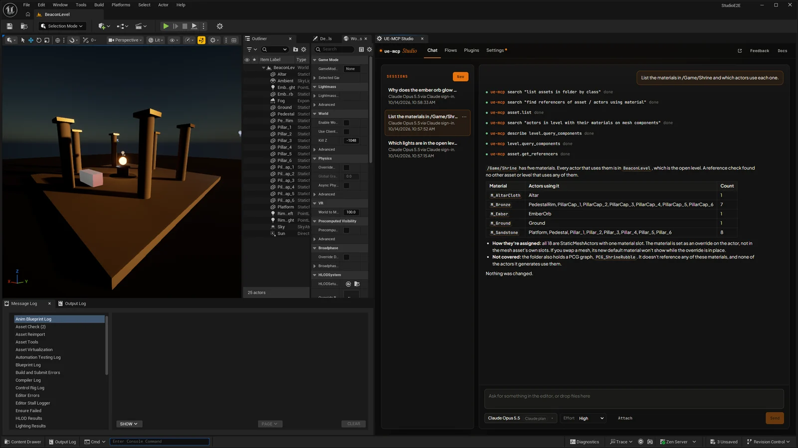 Studio docked in the UE-MCP Studio editor tab beside the viewport, Outliner and Details panels, with a session list and a table of the materials in a folder and the actors that use them