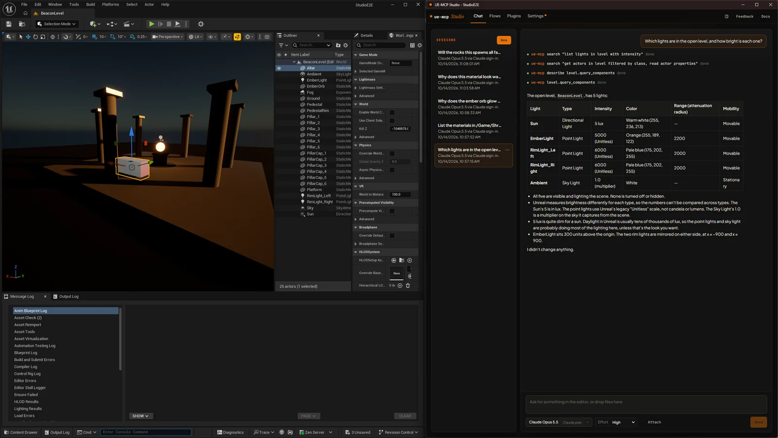 Unreal Editor on the left and Studio in its own window on the right, with a session list and a chat listing the lights in the open level and how bright each one is