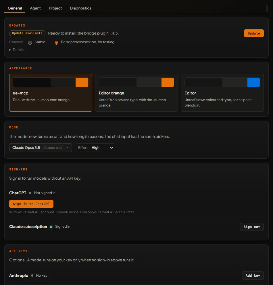 Studio settings showing updates, the appearance themes, the model picker, the ChatGPT and Claude subscription sign-ins, and the API keys list